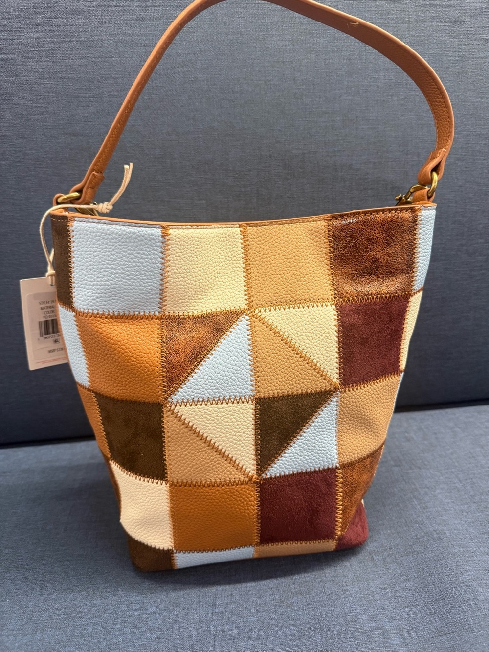 Lucky Brand Patchwork Geometric Shoulder Bag in Tan, Cream & Light Blue